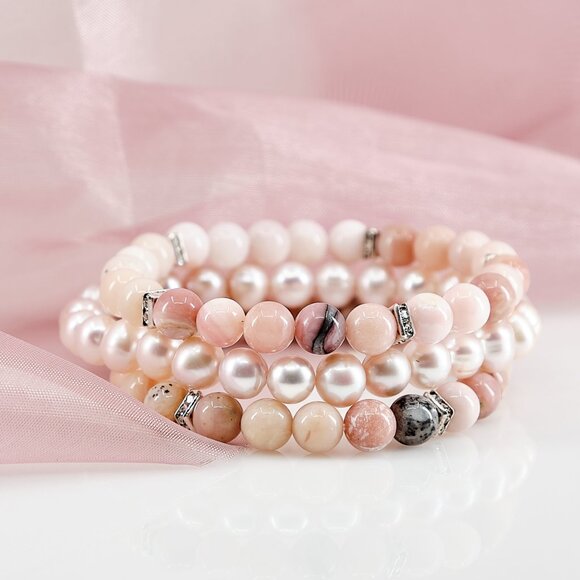 Pink Opal, Crystal & Pearl Stretch Bracelet Set of 3, Fast Shipping - Picture 9 of 11